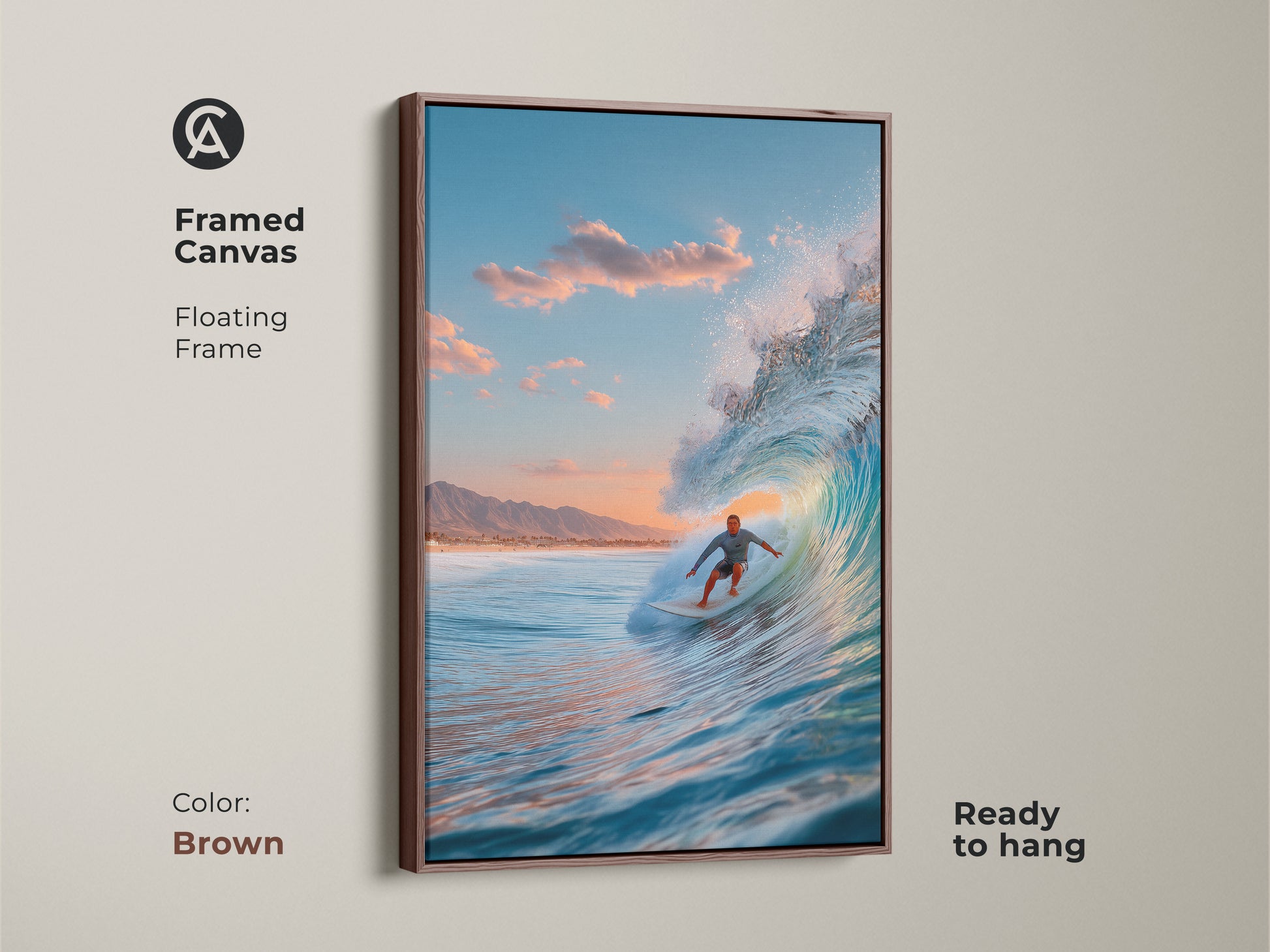Framed canvas surfer art ready to hang. A surfer rides a blue ocean wave. Floating frame with a brown finish. A great piece for coastal home decor. It adds a warm touch to any room.