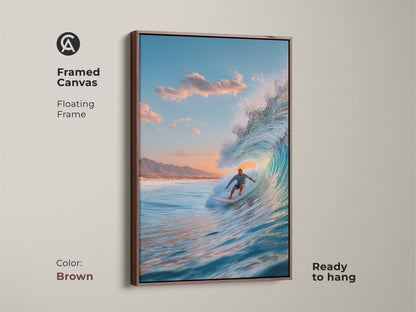 Framed canvas surfer art ready to hang. A surfer rides a blue ocean wave. Floating frame with a brown finish. A great piece for coastal home decor. It adds a warm touch to any room.