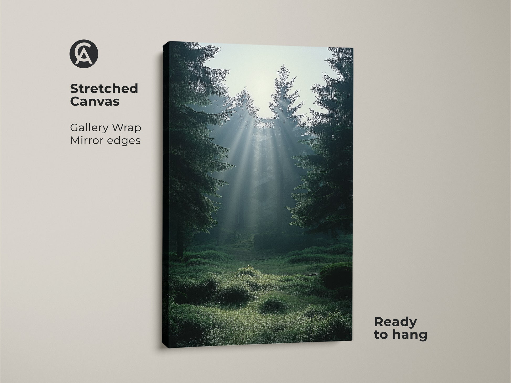 Stretched canvas print of a misty emerald forest with sunbeams. This gallery wrap features a Scandinavian landscape art. Ready to hang nature wall decor offers a peaceful retreat. Ideal for bedroom art and nature lover gifts.