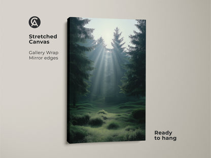 Stretched canvas print of a misty emerald forest with sunbeams. This gallery wrap features a Scandinavian landscape art. Ready to hang nature wall decor offers a peaceful retreat. Ideal for bedroom art and nature lover gifts.