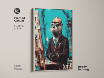 White framed canvas displays a surreal otter artist. It is a modern office wall art. It features construction cranes in teal and brown. This animal portrait art print is ready to hang.