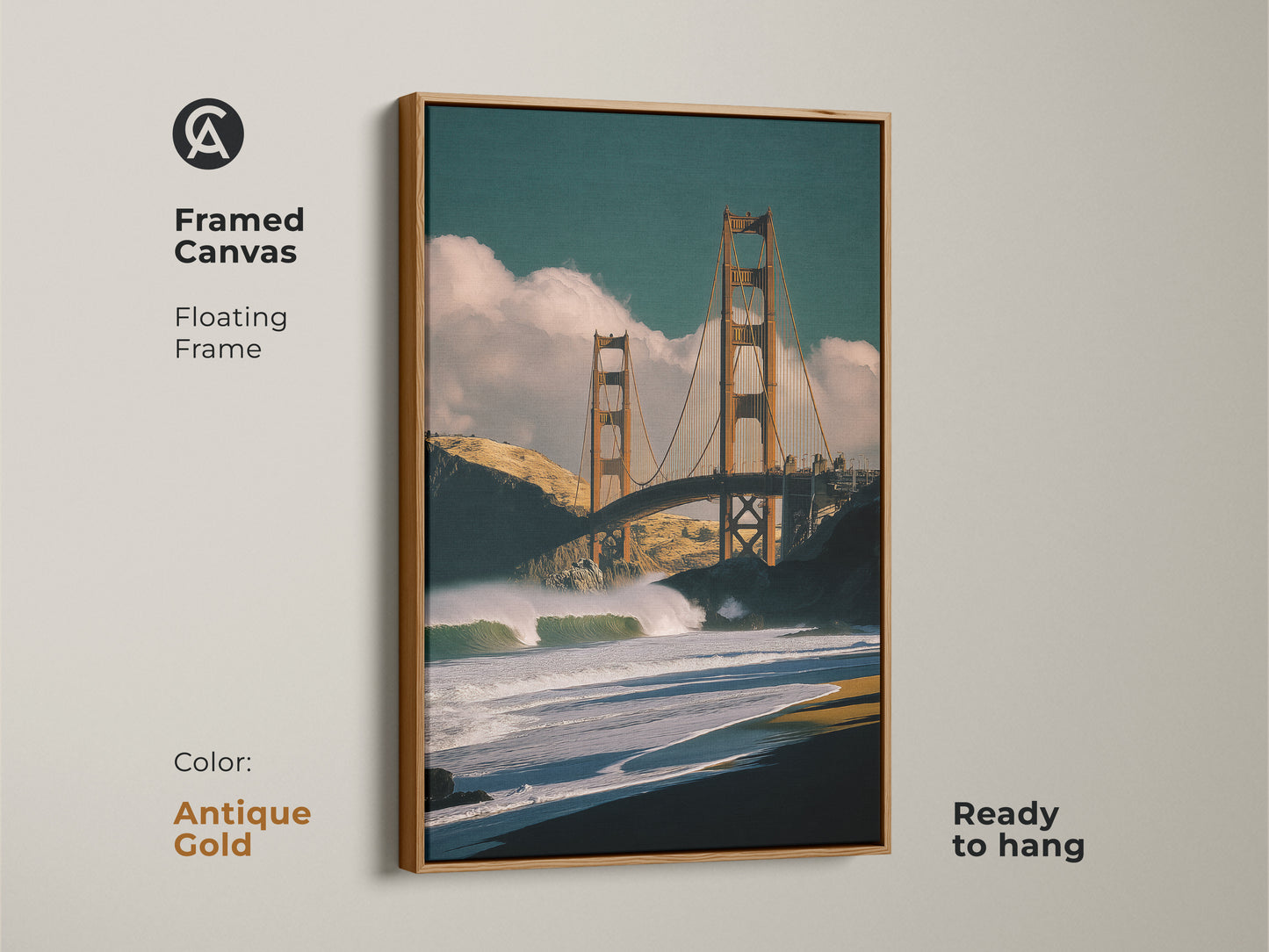 Framed canvas print of the Golden Gate Bridge with an antique gold floating frame. Featuring ocean waves this San Francisco art is ready to hang. Ideal for modern home office decor.