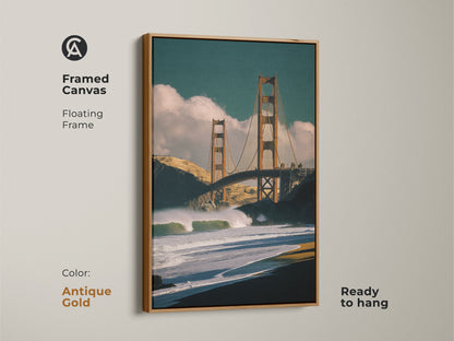 Framed canvas print of the Golden Gate Bridge with an antique gold floating frame. Featuring ocean waves this San Francisco art is ready to hang. Ideal for modern home office decor.