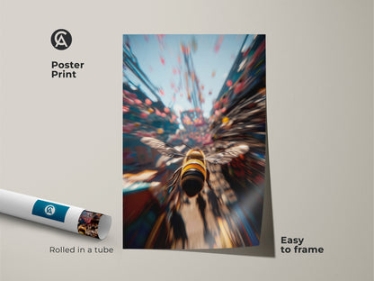 Poster print showcasing a bee art piece. The poster is easy to frame. Rolled in a tube for protection. Add this unique bee artwork to your collection. Perfect for adding a touch of nature to any room.