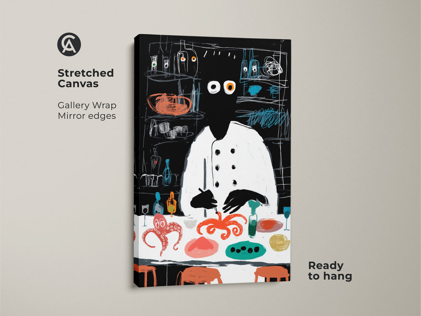 The stretched canvas gallery wrap showcases an abstract chef with octopus artwork. This vibrant black red and teal canvas print is ready to hang. Ideal for eclectic kitchen decor it adds a playful touch. This unique wall art is perfect for food lovers and chefs.