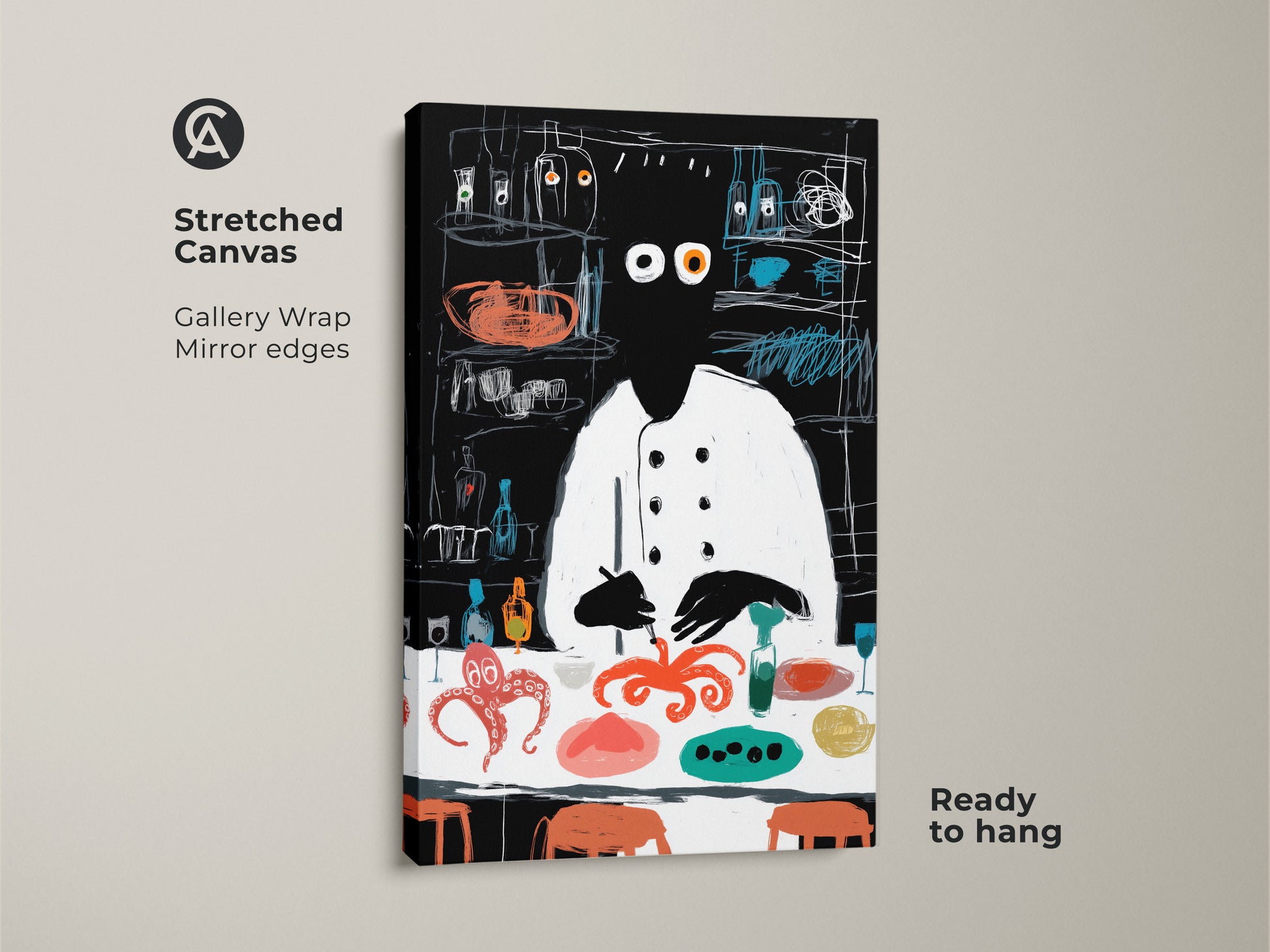 The stretched canvas gallery wrap showcases an abstract chef with octopus artwork. This vibrant black red and teal canvas print is ready to hang. Ideal for eclectic kitchen decor it adds a playful touch. This unique wall art is perfect for food lovers and chefs.