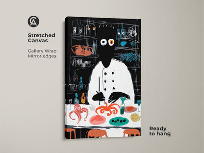 The stretched canvas gallery wrap showcases an abstract chef with octopus artwork. This vibrant black red and teal canvas print is ready to hang. Ideal for eclectic kitchen decor it adds a playful touch. This unique wall art is perfect for food lovers and chefs.