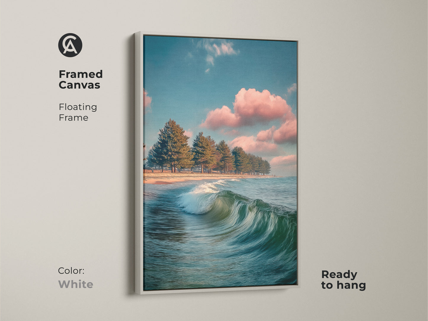 Framed canvas with a white floating frame. Teal pine tree beach art. It features coastal ocean waves. The blue and pink sky landscape is calming. Ready to hang for minimalist home decor. It enhances any residential wall.