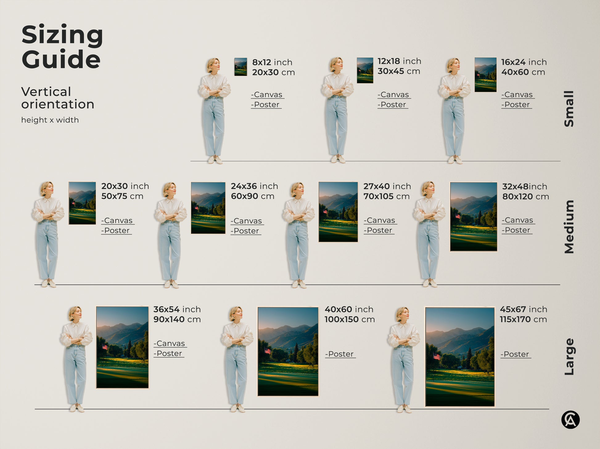Sizing guide for vertical golf course art. Available as canvas or poster prints. Sizes range from small to large. Visualize the 8x12 inch to 45x67 inch artwork in your home. Perfect art for any room.
