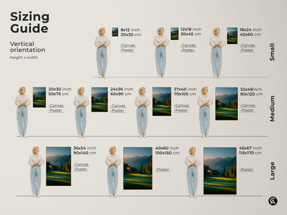 Sizing guide for vertical golf course art. Available as canvas or poster prints. Sizes range from small to large. Visualize the 8x12 inch to 45x67 inch artwork in your home. Perfect art for any room.