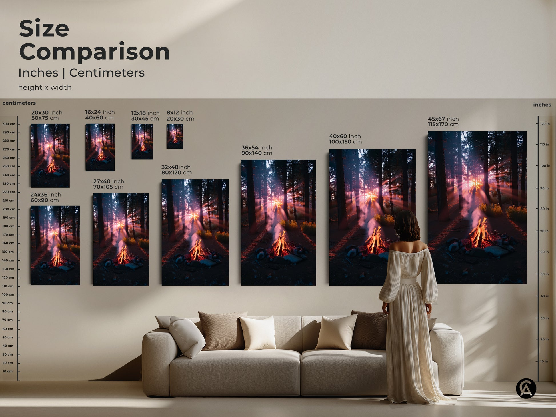 Size comparison of campfire in forest artwork. See how different sizes fit above a sofa. Available as canvas or poster prints. Ranging from small to large. The rustic sunset landscape print will enhance your living room decor. Perfect home decor nature print.