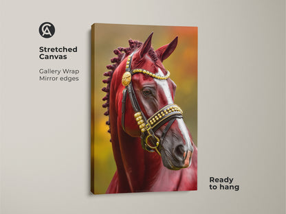 Stretched canvas of a maroon horse head portrait. Gallery wrapped with mirror edges. The artwork features a traditional maroon and gold bridle. This equestrian wall decor is ready to hang perfect for animal art lovers.