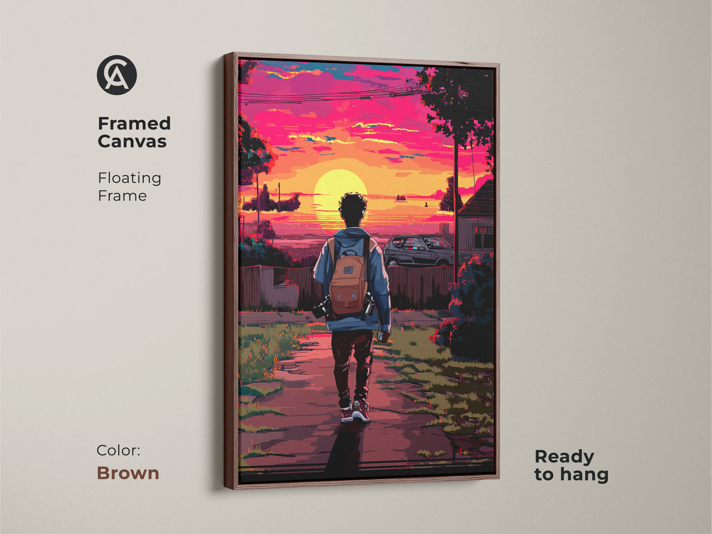 Brown Framed Pixel Art Urban Sunset Canvas. This retrofuturism canvas shows a person with backpack art. The magenta orange sunset palette is vibrant. Ready to hang for unique wall decor.