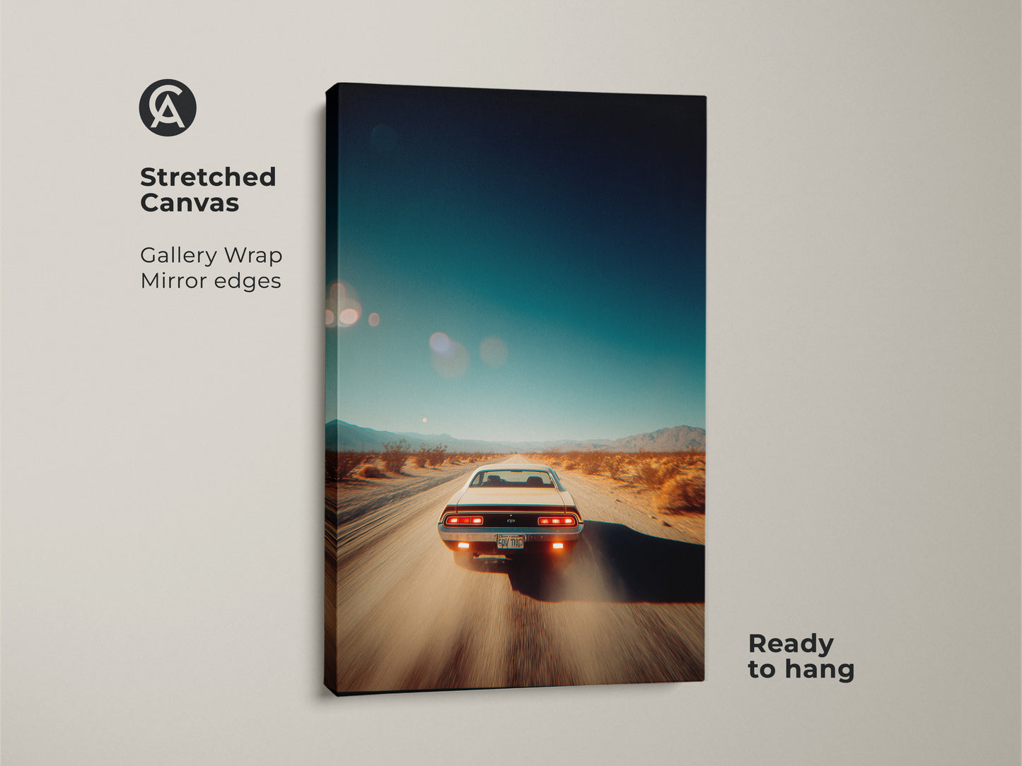 Stretched canvas artwork featuring a classic car driving on a desert road. The gallery wrap with mirror edges creates a seamless look. This ready-to-hang canvas art is ideal for adding a vintage touch to your living space. The art is perfect for car lovers.