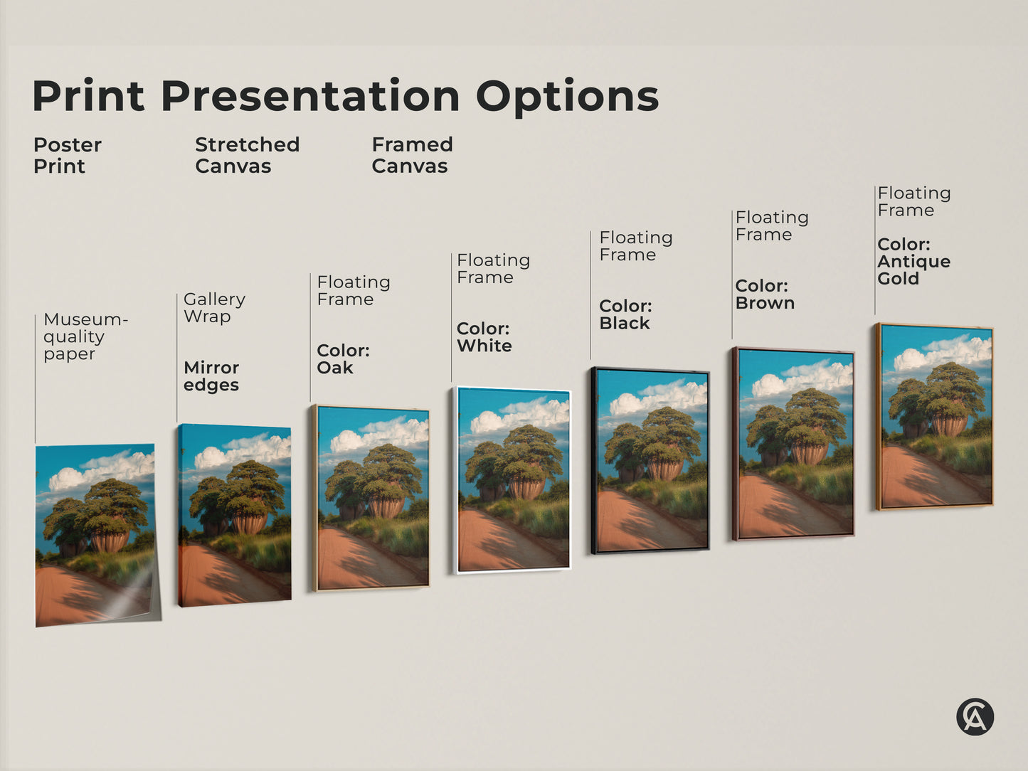 Explore print presentation options for scenic baobab tree art. Choose poster stretched or framed canvas. Various frame colors available oak black brown antique gold and white. Find the perfect African landscape wall art for your boho home decor.