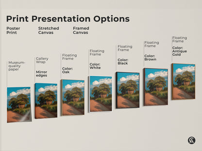 Explore print presentation options for scenic baobab tree art. Choose poster stretched or framed canvas. Various frame colors available oak black brown antique gold and white. Find the perfect African landscape wall art for your boho home decor.