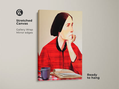 Close-up of an expressive woman reading artwork. This folk art portrait is stretched on canvas. The gallery wrap features mirrored edges. Ready to hang this piece in your eclectic home study room. See her with a coffee cup and book wall art.