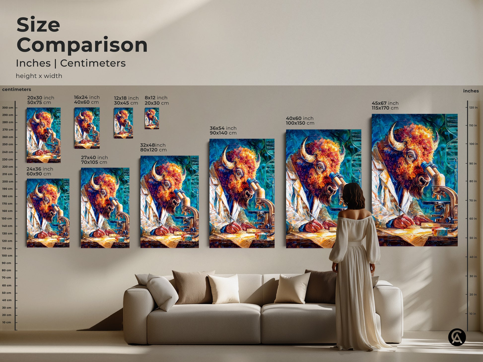 Size comparison of artwork in inches and centimeters. See the various sizes available. From 8x12 inches to 45x67 inches. Visualize the artwork in a living room setting. Find the perfect size for your space. Buy this great art today.