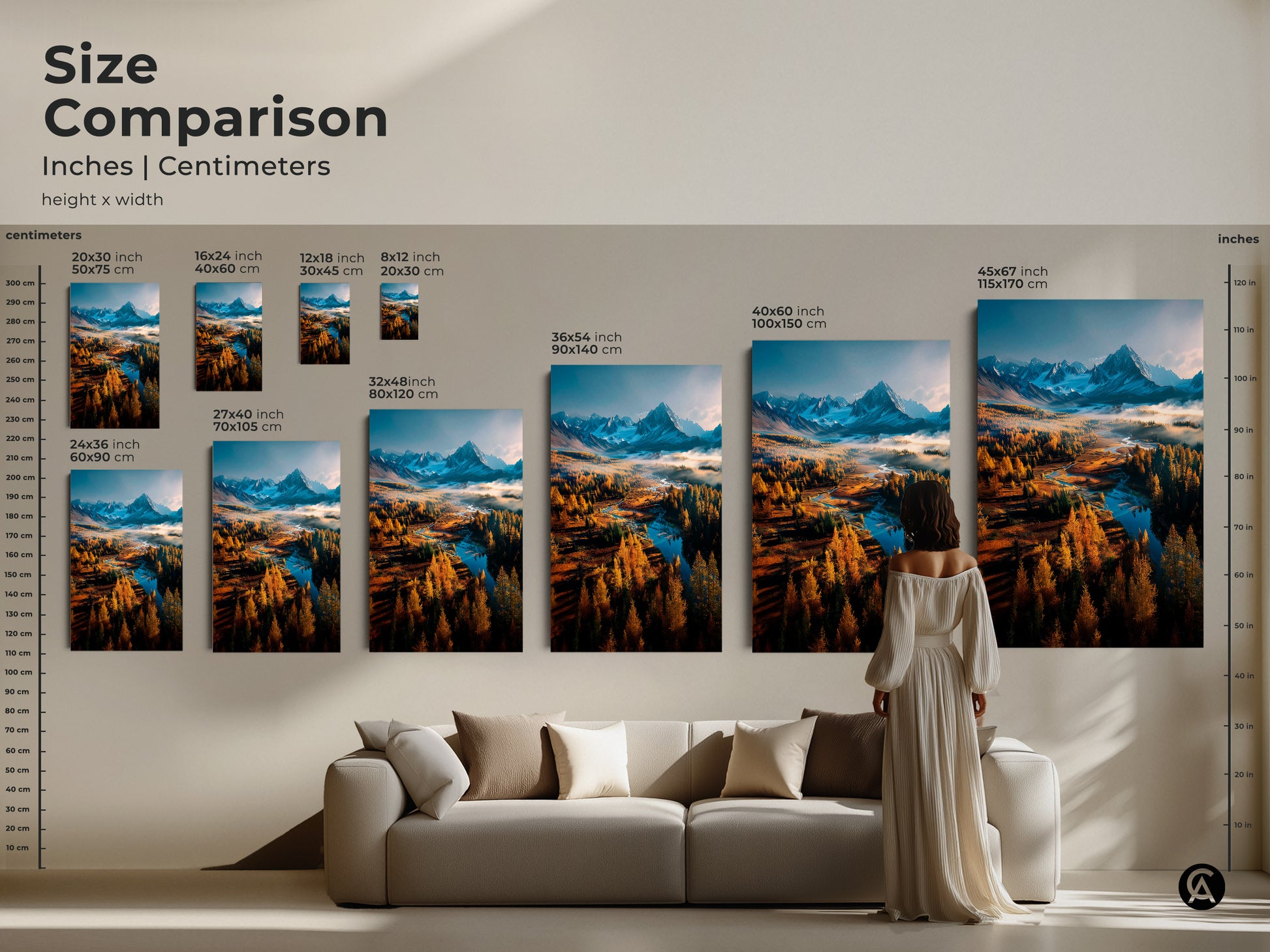 Size comparison of mountain landscape art prints. Visualize artwork sizes from 8x12 to 45x67 inches. See how each size enhances a living room. Choose the perfect scale for canvas or poster art to elevate your home decor.