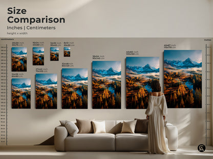 Size comparison of mountain landscape art prints. Visualize artwork sizes from 8x12 to 45x67 inches. See how each size enhances a living room. Choose the perfect scale for canvas or poster art to elevate your home decor.