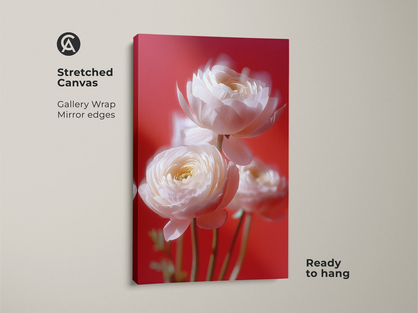 Stretched canvas art featuring soft focus white ranunculus on a vibrant coral pink backdrop. The gallery wrapped edges and ready to hang design are perfect for your romantic bedroom. This botanical photography wall art adds a contemporary charm to your home. Shop floral home decor online.