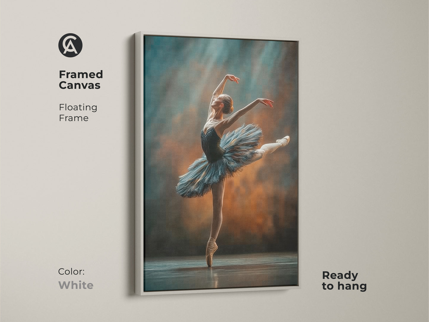 Framed canvas art of a ballerina in a white floating frame. Ready to hang. The ballerina artwork shows a dancer en pointe. She is wearing a blue tutu. The white frame offers a clean modern look. It is a graceful addition to any space.