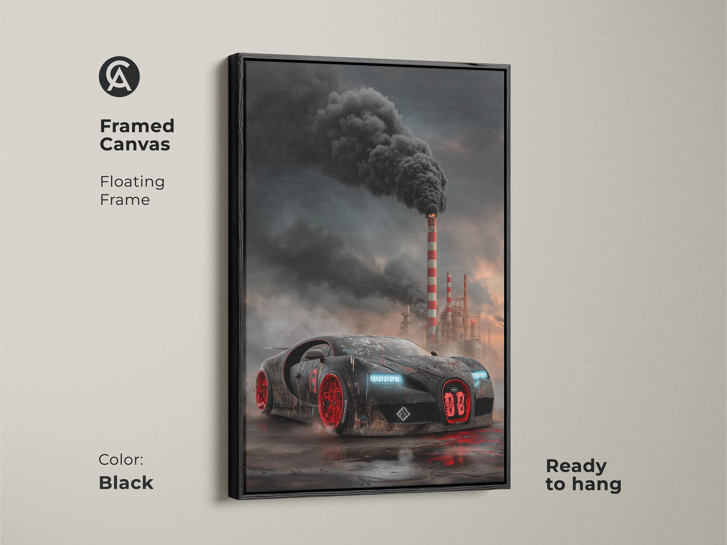 This framed canvas features cyberpunk supercar artwork. The dark industrial car print showcases a black and red vehicle against smokestacks. It has a floating black frame. The art is ready to hang. It is ideal for automotive office art or garage man cave decor. The futuristic supercar adds an edgy touch.
