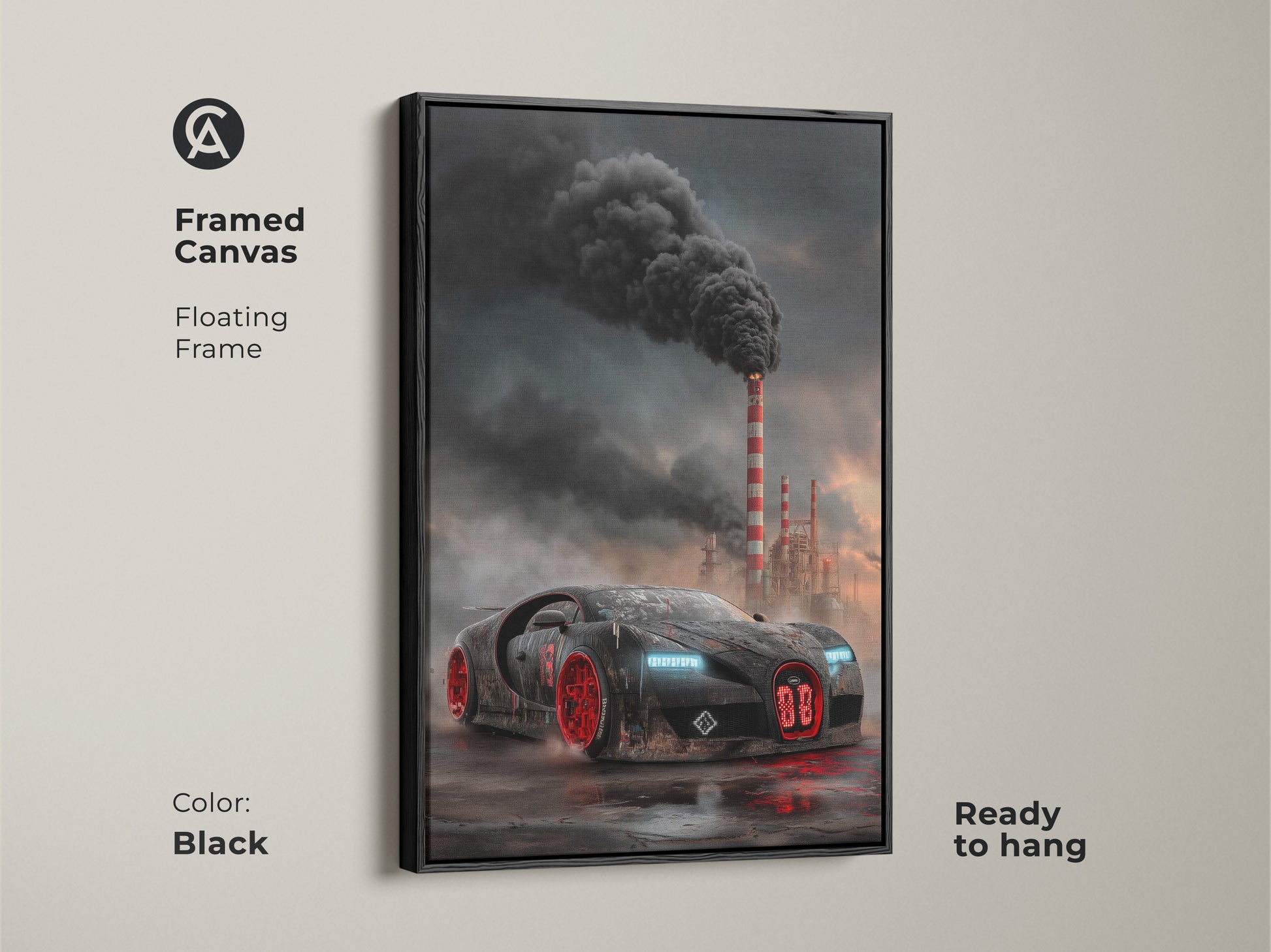 This framed canvas features cyberpunk supercar artwork. The dark industrial car print showcases a black and red vehicle against smokestacks. It has a floating black frame. The art is ready to hang. It is ideal for automotive office art or garage man cave decor. The futuristic supercar adds an edgy touch.