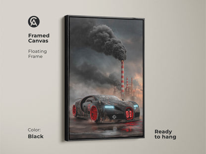 This framed canvas features cyberpunk supercar artwork. The dark industrial car print showcases a black and red vehicle against smokestacks. It has a floating black frame. The art is ready to hang. It is ideal for automotive office art or garage man cave decor. The futuristic supercar adds an edgy touch.