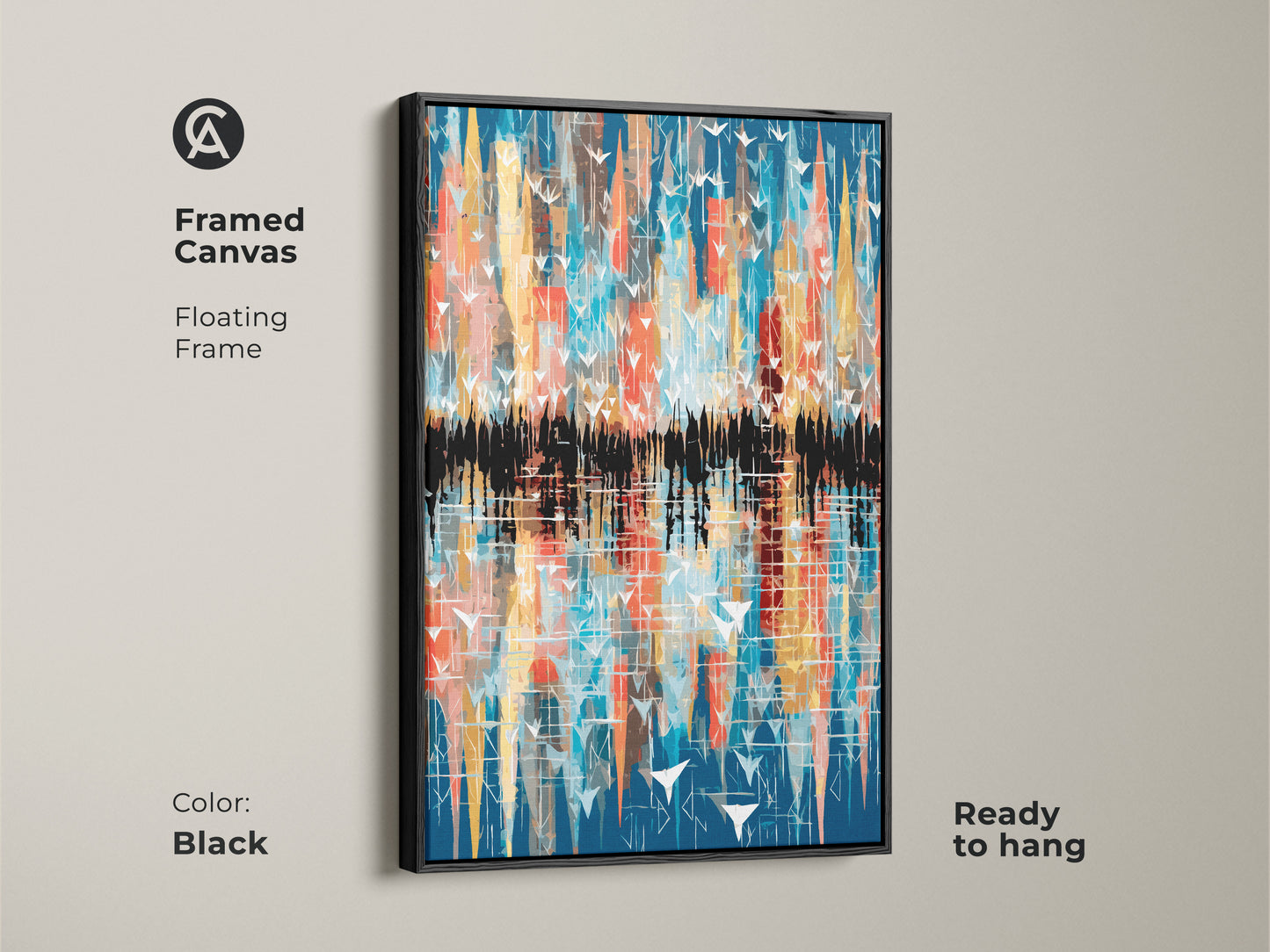 Framed canvas featuring modern abstract artwork. Black floating frame enhances the teal yellow orange bird cityscape. This geometric wall art is ready to hang adding color to any room. A stylish piece for contemporary home decor.
