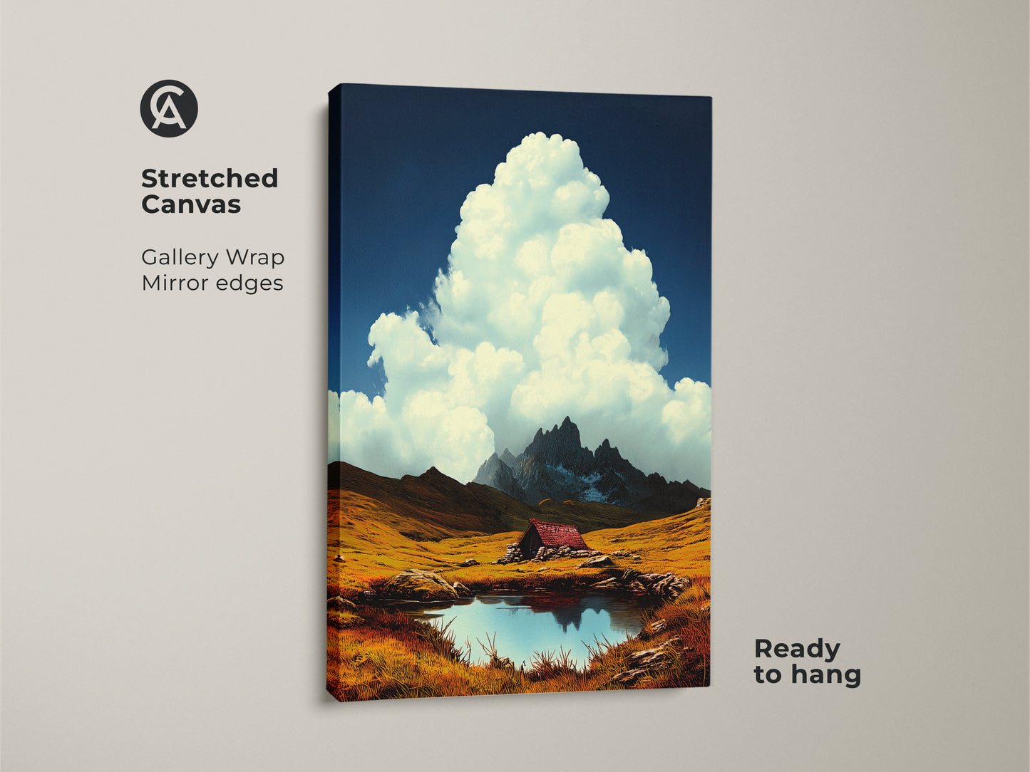 Stretched canvas print of a mountain cabin scene beside an alpine lake.  Deep blue sky with fluffy white clouds. Golden yellow fields evoke a rustic aesthetic. Gallery wrap with mirrored edges. Ready to hang as scenic wall art. Ideal as a housewarming gift. 