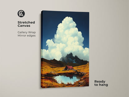 Stretched canvas print of a mountain cabin scene beside an alpine lake.  Deep blue sky with fluffy white clouds. Golden yellow fields evoke a rustic aesthetic. Gallery wrap with mirrored edges. Ready to hang as scenic wall art. Ideal as a housewarming gift. 