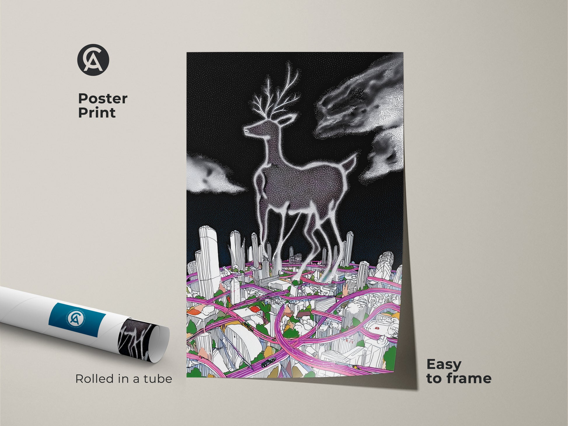 Poster print of a surreal deer cityscape art rolled in a tube. This contemporary black and white with pink line art is easy to frame. It is a modern urban wall decor piece that blends animal and city themes. This is ideal for minimalist art lovers.