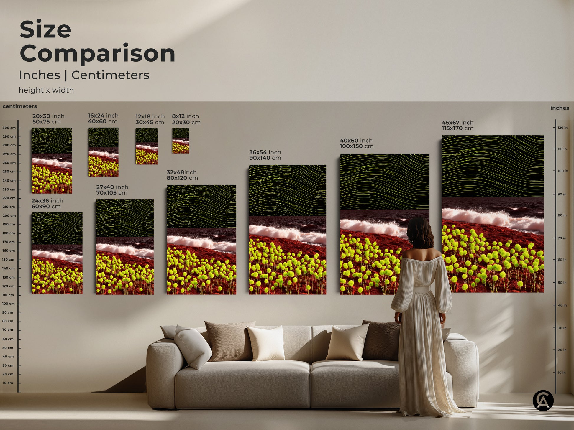Size comparison of abstract orb and wave art in inches and centimeters. See how different sizes fit above a couch. Perfect contemporary art for modern spaces and housewarming gift.