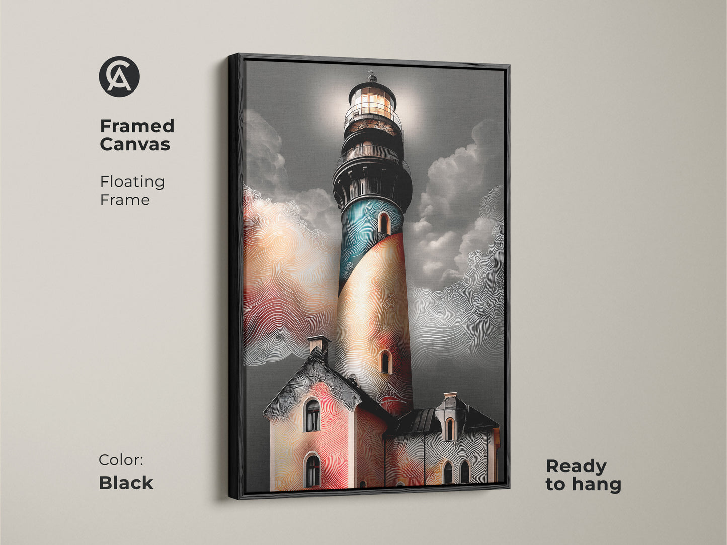 Framed canvas showcasing a coastal lighthouse. Black floating frame enhances the artwork. Teal orange and grey tones create a soothing coastal scene. It is ready to hang nautical artwork for any room.