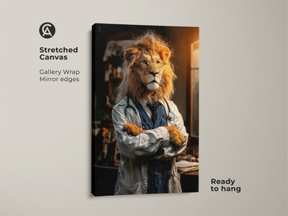 Stretched canvas art showing a lion doctor. The gallery wrap with mirror edges gives it a modern look. Ready to hang this eclectic animal art is perfect for a medical professional's office. The surreal gold orange artwork adds a unique touch.