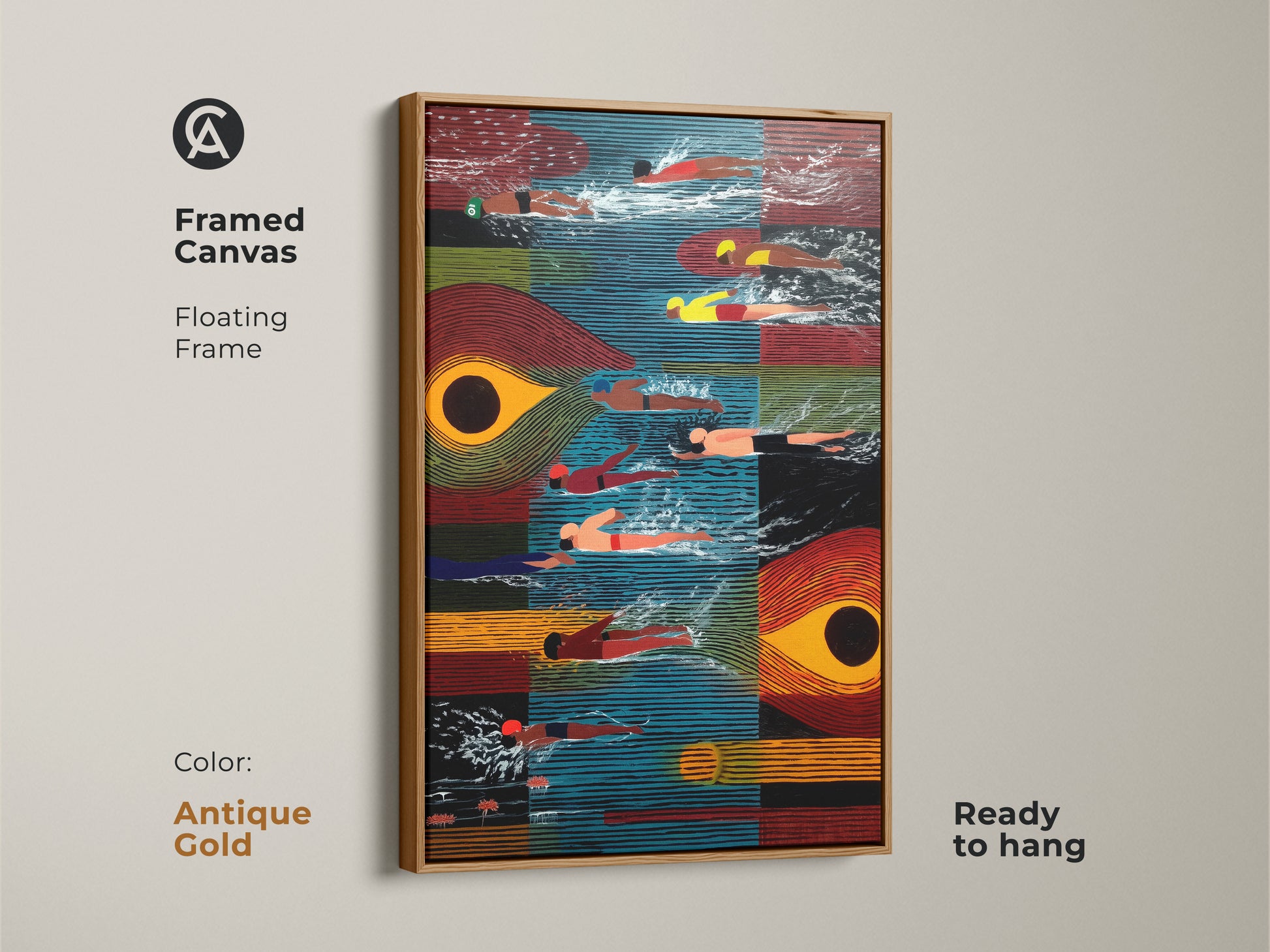 This framed canvas displays abstract swimmers in mid-century modern artwork. The floating frame is antique gold. Ready to hang this piece enhances any room. The artwork features vibrant blue orange and red colors. This swimming abstract canvas makes it a great gift for art lovers.