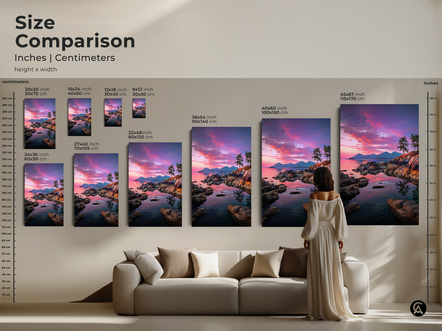 Size comparison of coastal sunset art in inches and centimeters. See how the rocky coastline canvas print looks in various sizes above a couch. Perfect for visualizing the scale of this ocean view wall decor in your living room.