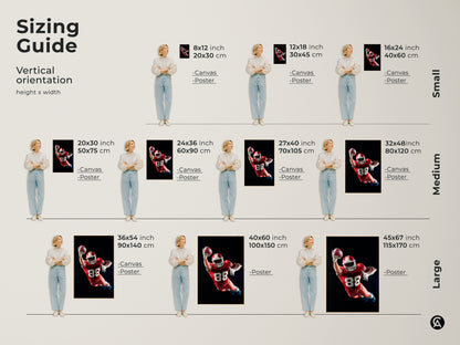 Sizing guide for American Football canvas and poster prints. Vertical orientation shown with various height and width options. Small medium and large sizes are available. Find the perfect fit for your wall art. Choose the ideal size for your sports themed decor.