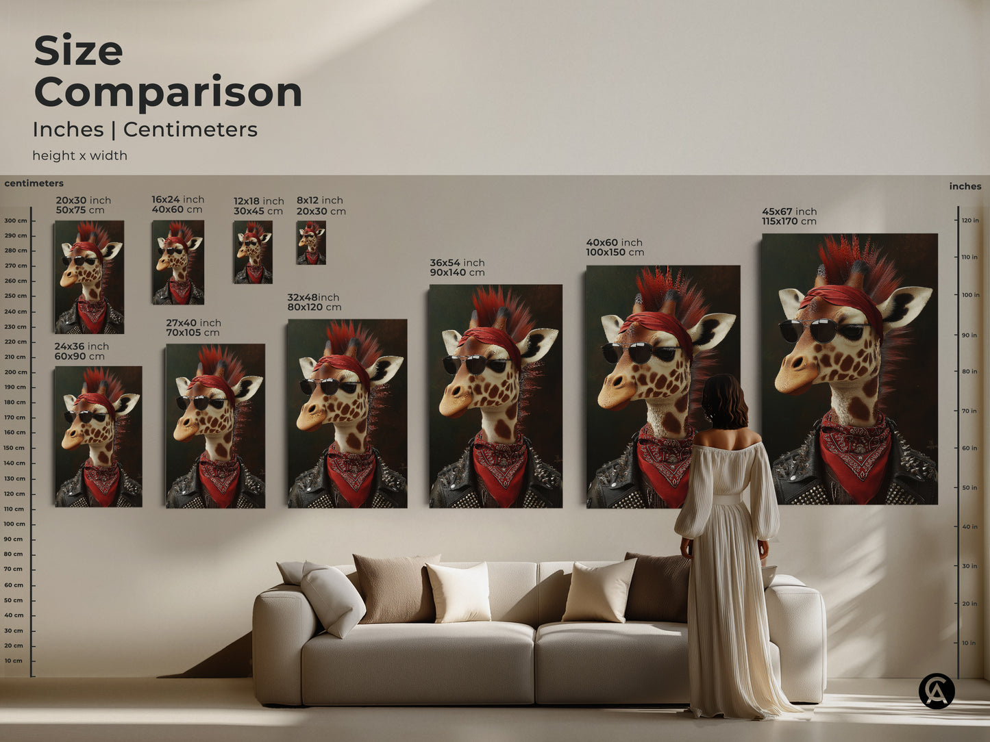 Size comparison showcasing punk giraffe artwork in inches and centimeters.  Sizes range from small to large to extra-large. See the art above a sofa for scale and make the right choice for your space.