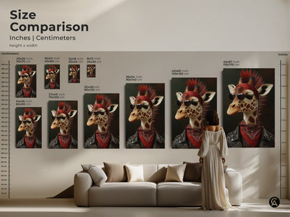 Size comparison showcasing punk giraffe artwork in inches and centimeters.  Sizes range from small to large to extra-large. See the art above a sofa for scale and make the right choice for your space.