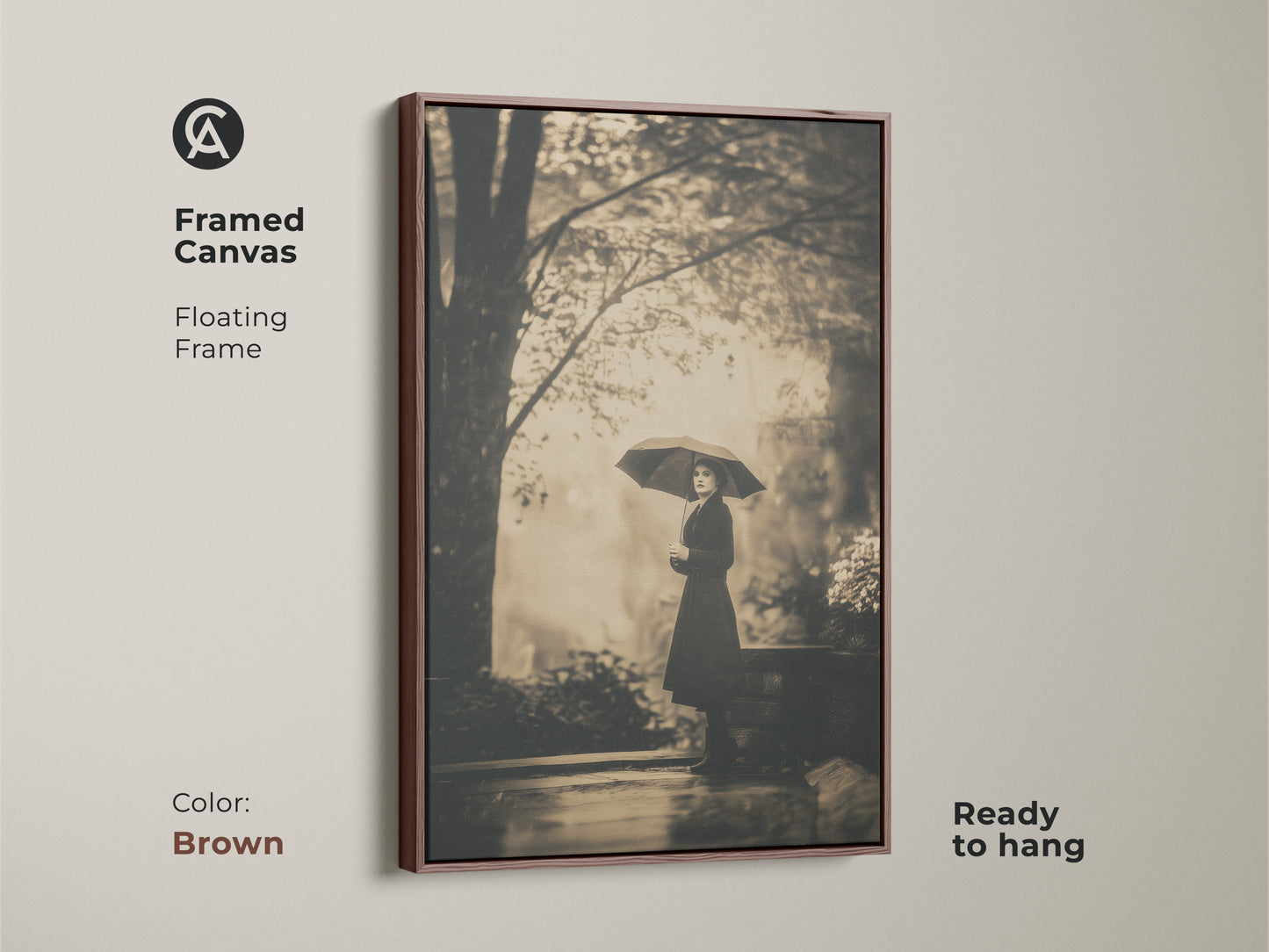 Framed canvas artwork of a woman with an umbrella. The floating frame comes in a brown color. This ready-to-hang piece adds warmth to any room. The brown frame enhances the vintage art print.