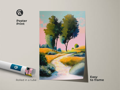 Poster print showcases a yellow green rolling hills canvas. The impressionistic landscape artwork is easy to frame. This nature path wall decor is ideal for home offices. A thoughtful housewarming gift for art collectors and nature lovers alike.