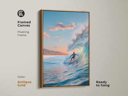 Framed canvas surfer art ready to hang. The surfer rides a blue ocean wave. Floating frame with an antique gold finish. A great piece for coastal home decor. It adds a vintage touch.