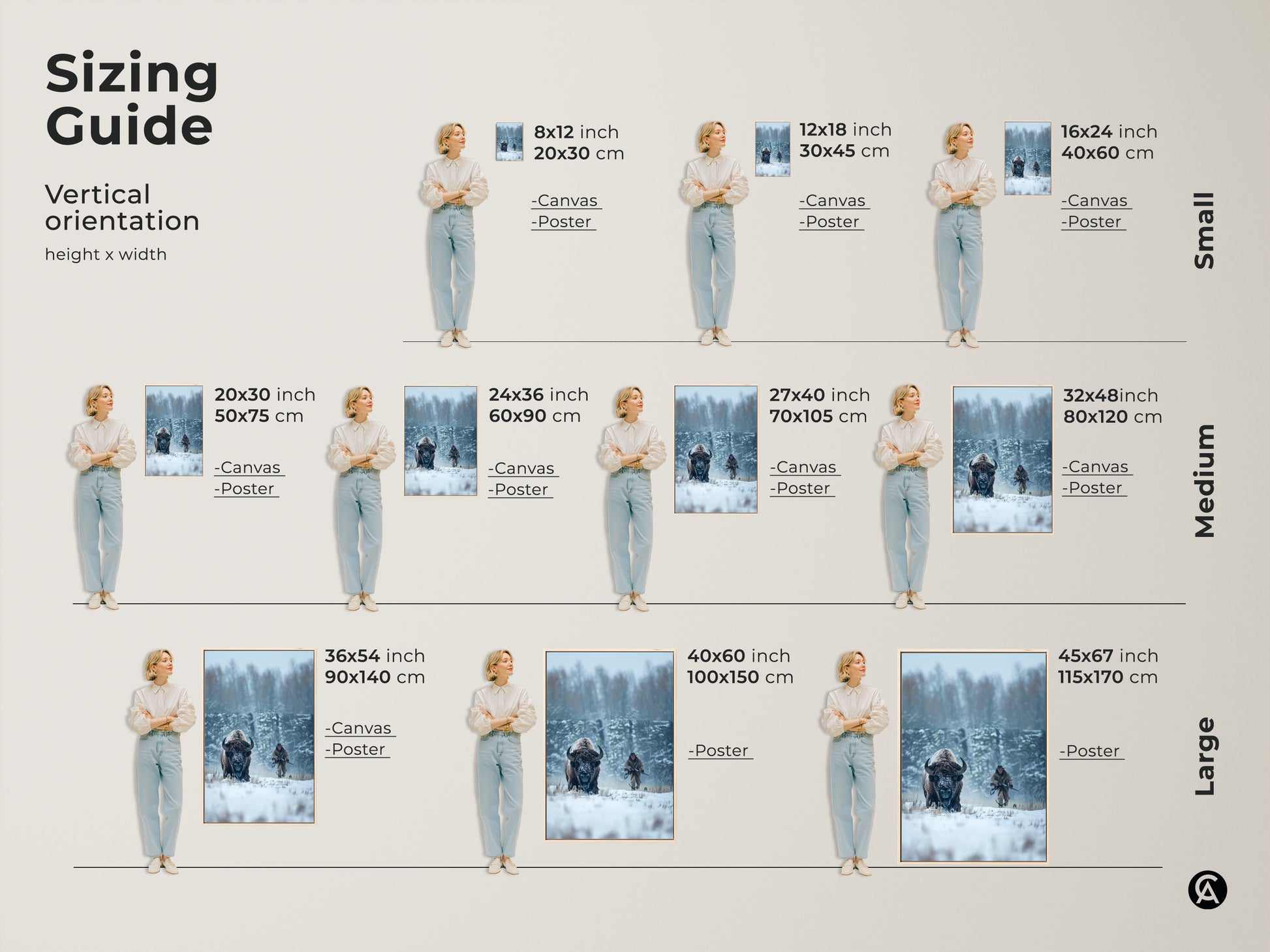 Sizing guide for vertical bison art prints. Visualize canvas and poster sizes from small to large. Find the perfect fit for your space. Transform your walls with stunning wildlife artwork in various dimensions. Make a statement with art.