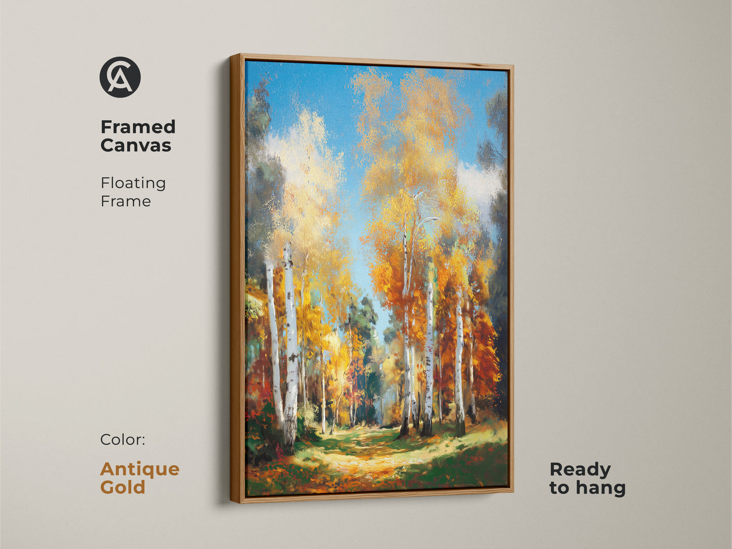 Framed canvas of birch trees with an antique gold floating frame. This ready-to-hang artwork adds a touch of sophistication. The forest landscape brings nature indoors. The painting captures vibrant colors and detailed textures. It makes a beautiful statement piece.