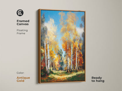 Framed canvas of birch trees with an antique gold floating frame. This ready-to-hang artwork adds a touch of sophistication. The forest landscape brings nature indoors. The painting captures vibrant colors and detailed textures. It makes a beautiful statement piece.