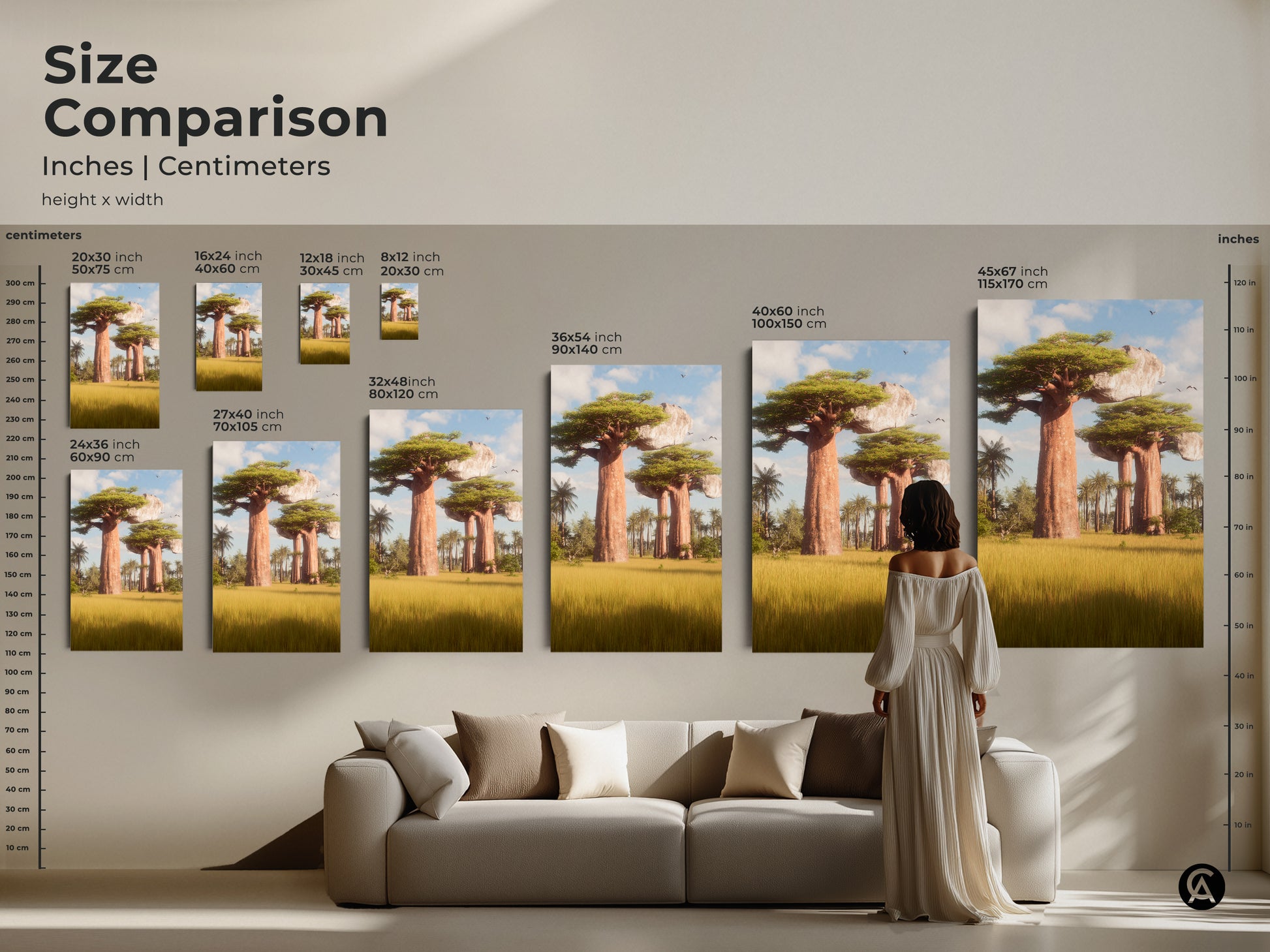 Size comparison of Baobab Tree art prints. See how different sizes fit in a living room setting. Available in inches and centimeters. Choose from 16x24 inch to 45x67 inch options. This realistic landscape painting brings the African Savanna to your home. Perfect wall decor.