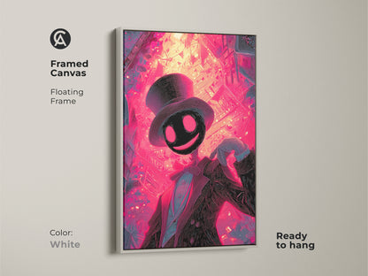 This framed canvas with a white floating frame displays this artwork. The art features a unique character in a suit and top hat. This ready to hang canvas showcases vibrant neon colors and a surreal style.