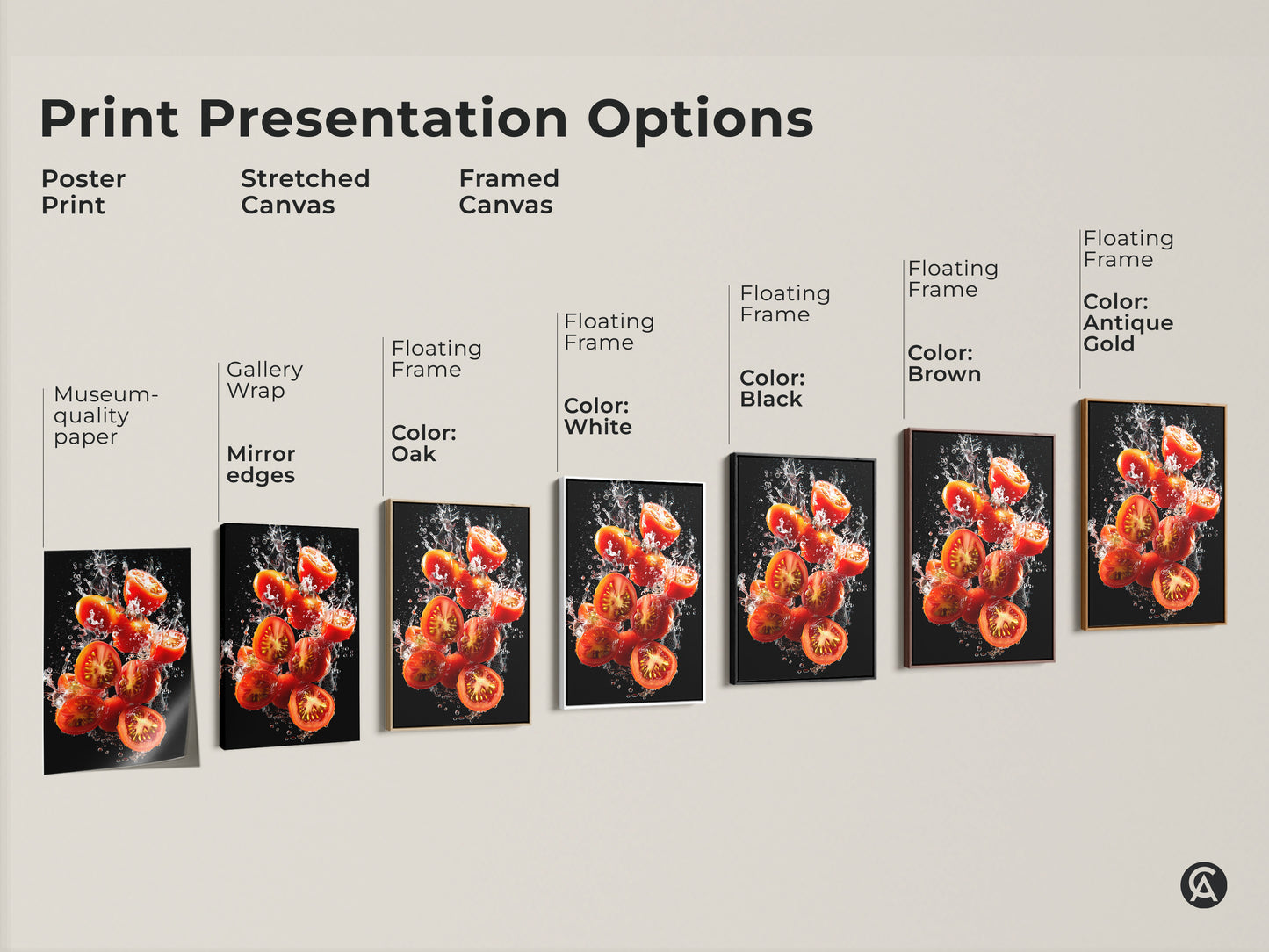 Explore tomato splash artwork print options. Choose from poster prints and stretched canvas. Framed canvas with floating frames are available. Select black brown oak white or antique gold frame colors. Find the perfect kitchen art today.